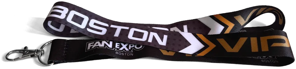 full color lanyard, colors are black, white, and gold, with the words Boston expo VIP